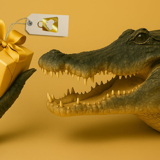 altwater crocodile receiving a gold gift box with Ausmosis shopping bag tag, symbolizing why Ausmosis is different and uniquely Australian