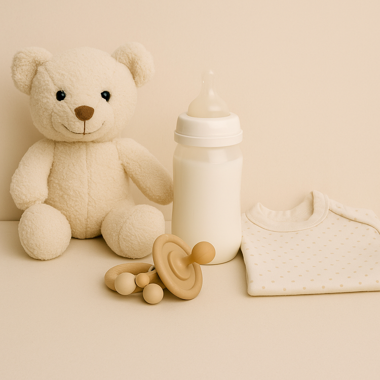 Soft teddy bear, baby bottle, wooden rattle, and folded baby clothes on a beige background – Australian made baby products.
