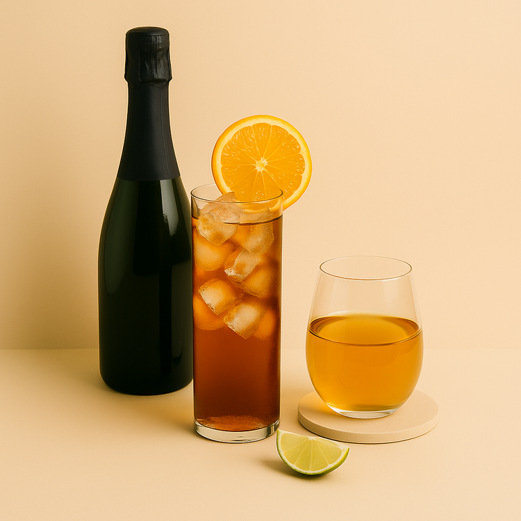 Bottle of sparkling drink, glass of iced tea with orange slice, glass of juice, and lime wedge on a beige background – Australian made drinks and beverages.