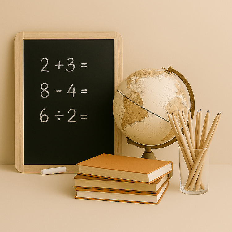 Blackboard with math equations, globe, stack of books, and cup of pencils on a beige background – Australian made educational products.
