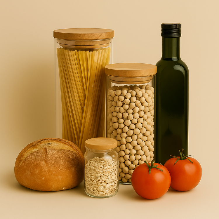 Jar of spaghetti, jar of chickpeas, small jar of oats, bottle of olive oil, round loaf of bread, and two tomatoes on a beige background – Australian made food and pantry products.