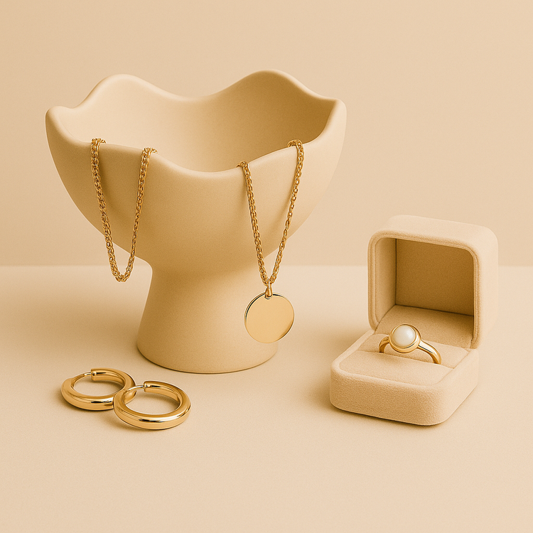 Gold hoop earrings, gold necklace with round pendant, and gold ring with pearl in a velvet box on a beige background – Australian made jewellery.