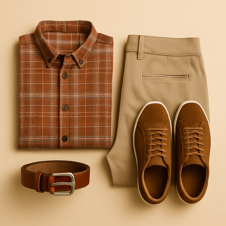 Folded plaid shirt, beige trousers, brown belt, and brown sneakers on a beige background – Australian made men’s clothing and accessories.