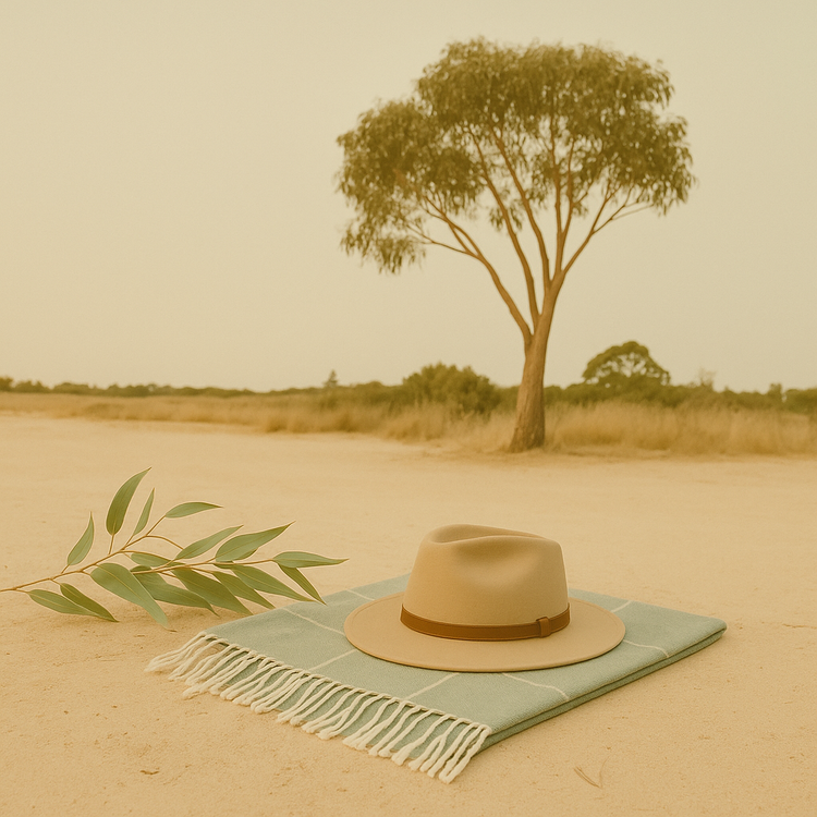 Australian outback scene with a wide-brimmed hat, eucalyptus leaves, and a picnic blanket under a gum tree on sandy soil — calm and earthy aesthetic