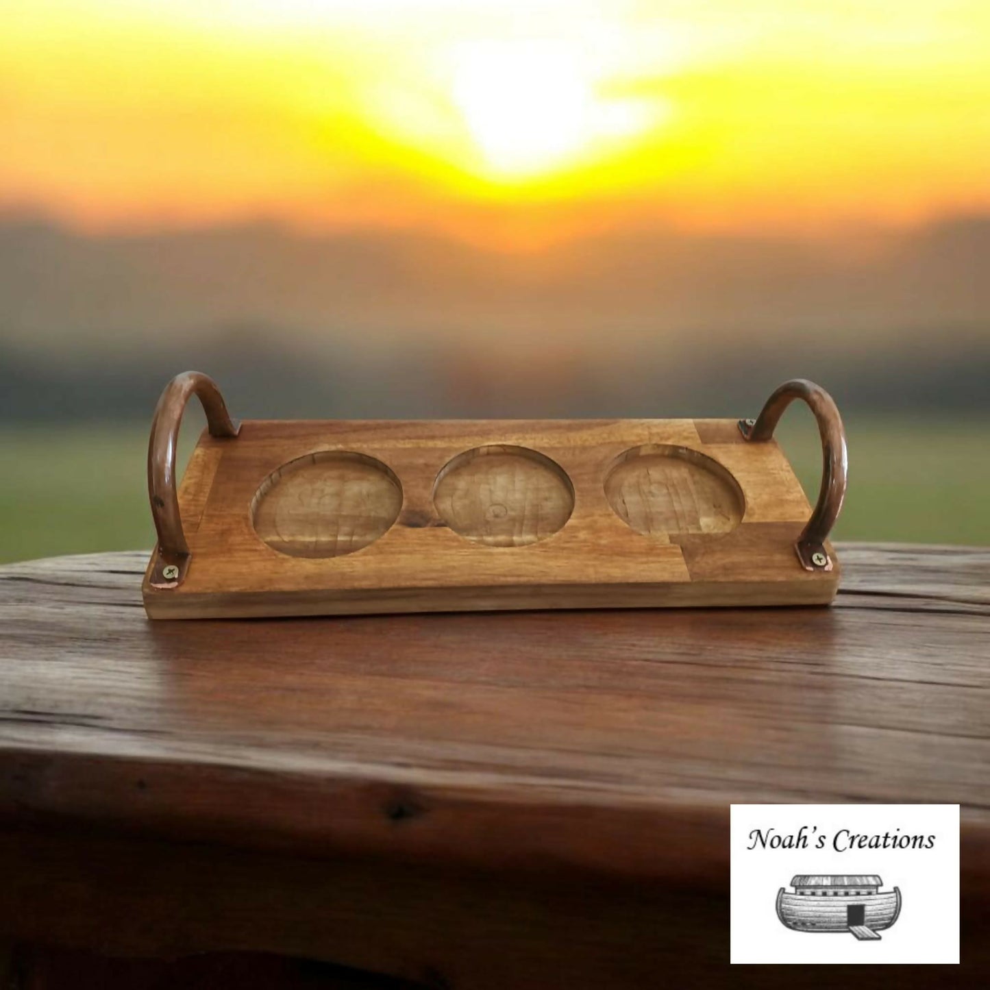 Handmade timber beverage tray with recycled copper pipe handles by Noah's Creations.