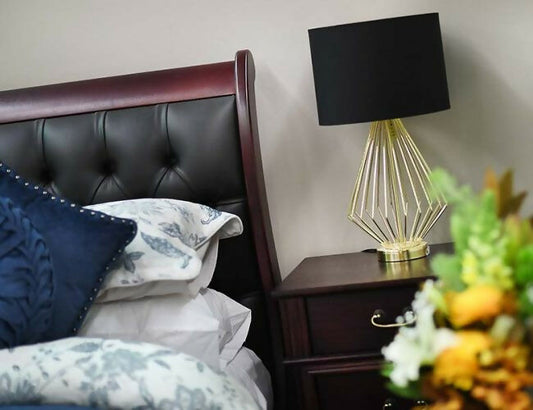 Emerson Collection dark timber bedhead with upholstered panel by Flamingo Furniture