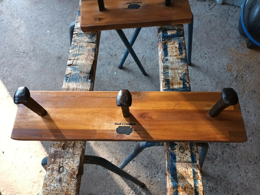 Handmade timber 3 Spike Hat & Coat Rack with genuine railway spike hooks by Noah's Creations.