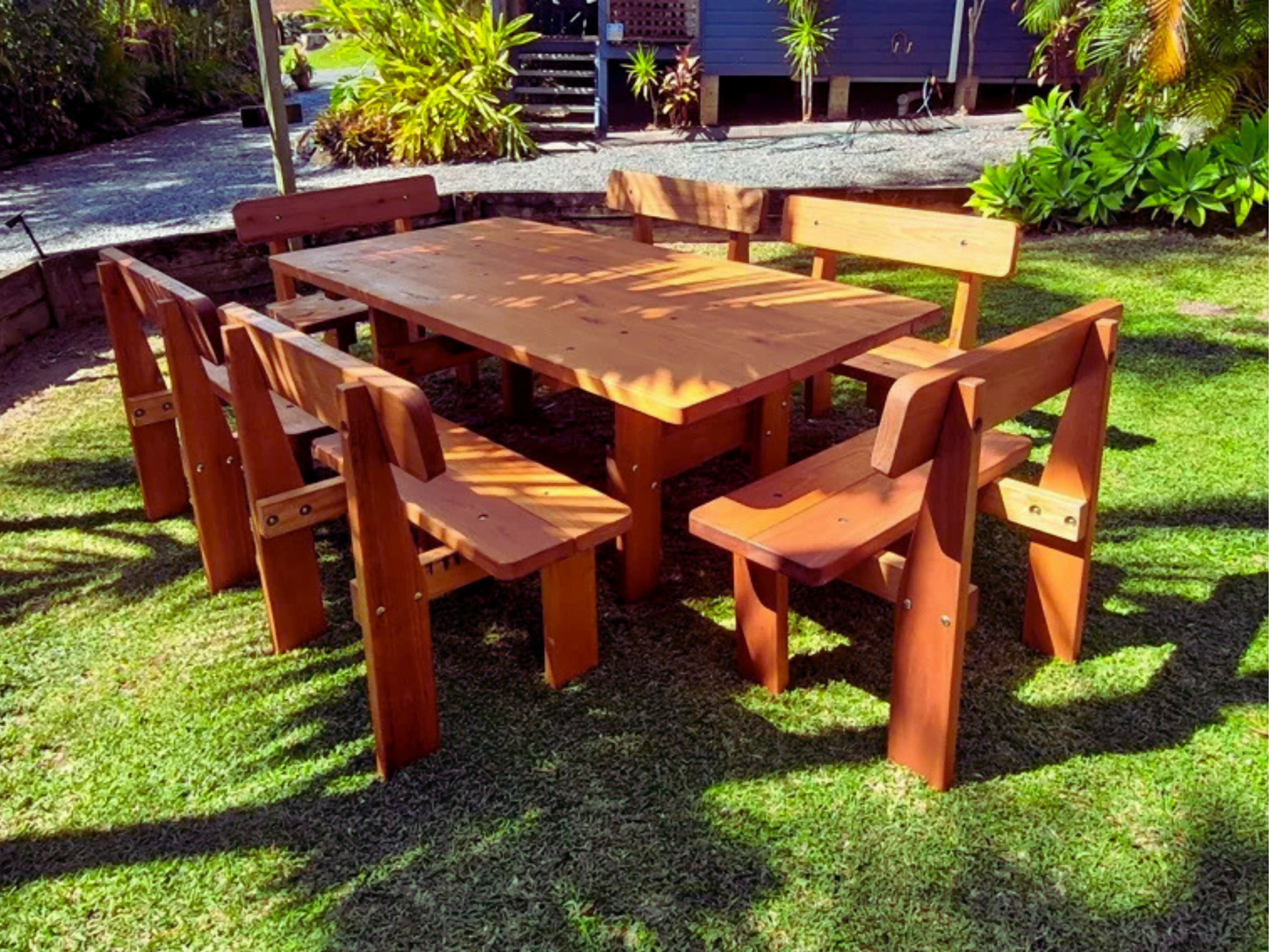 Australian made seven piece hardwood outdoor setting by Billabong Garden Furniture designed for commercial and outdoor entertaining spaces