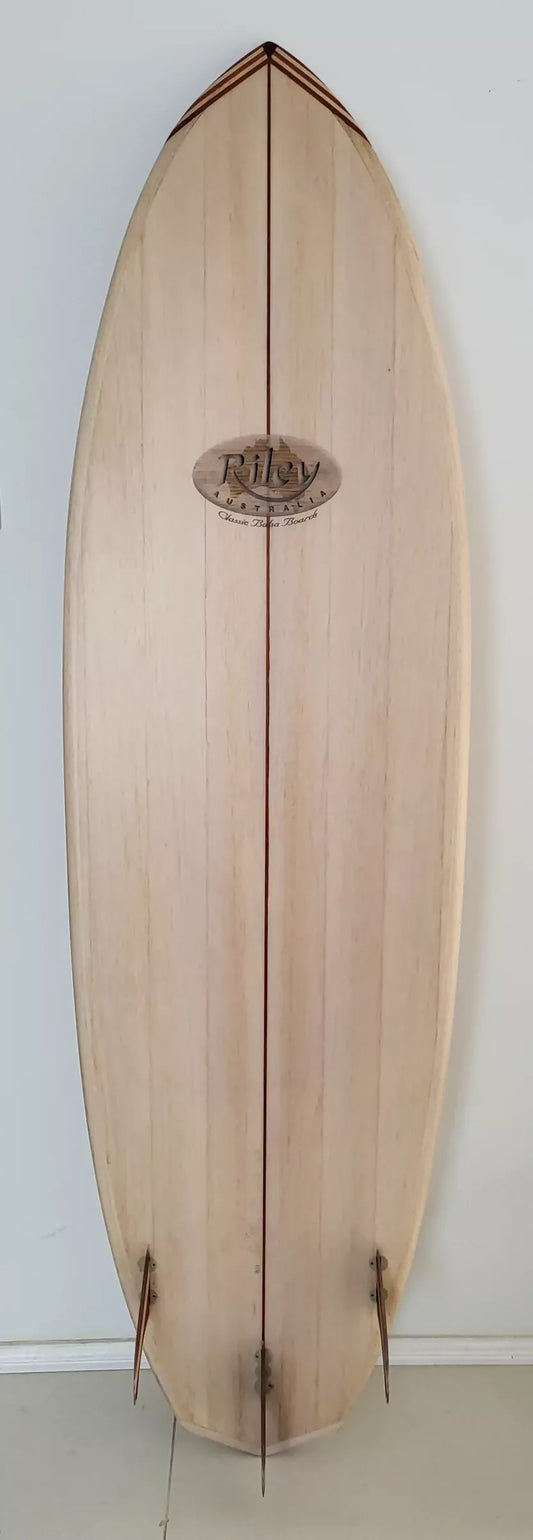 Full bottom view of the Riley Hybrid Balsa Secret Weapon surfboard