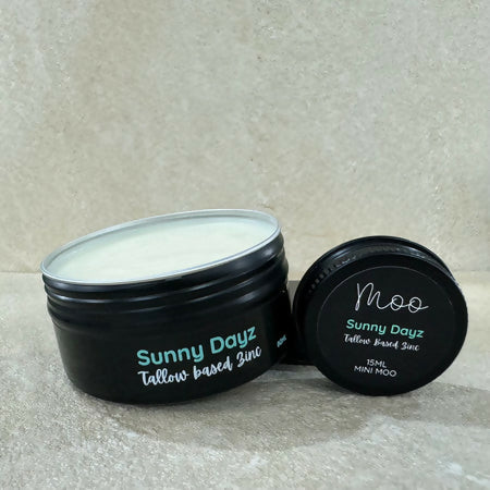 Moo Organics Sunny Dayz tallow based zinc cream in unscented and trial size