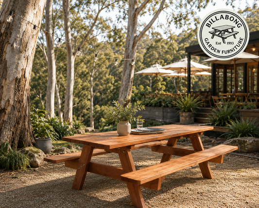 Premium Australian hardwood outdoor picnic setting surrounded by native Australian bushland