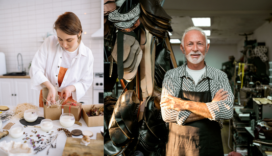Australian makers preparing packaged products and handmade leather goods, representing businesses transitioning toward Australian made and owned supply.
