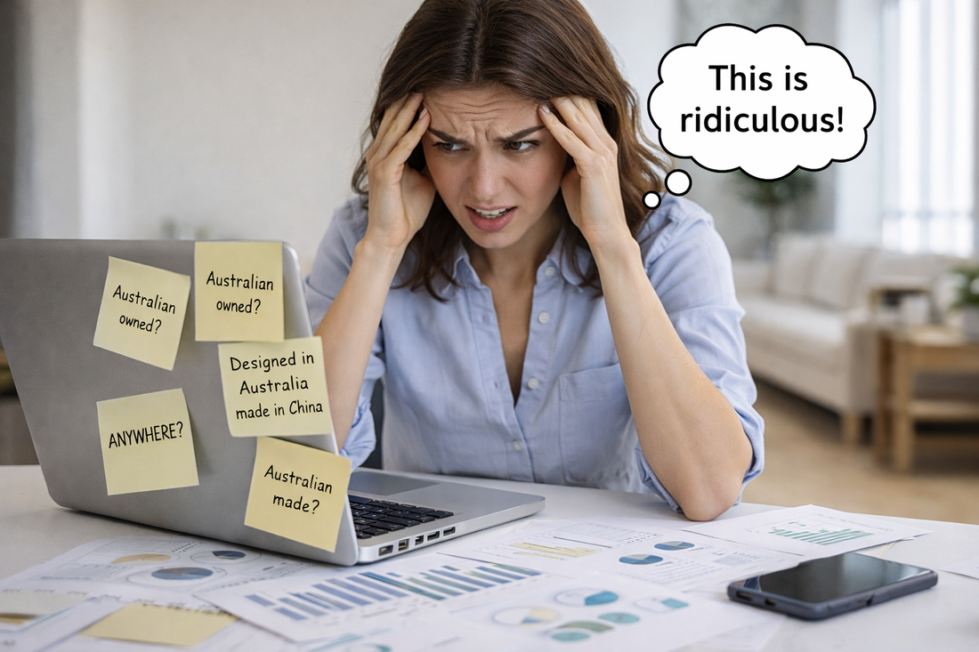 Frustrated shopper researching Australian made and owned products online, highlighting the confusion and difficulty of finding genuine Australian made options.