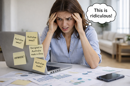 Frustrated shopper researching Australian made and owned products online, highlighting the confusion and difficulty of finding genuine Australian made options.