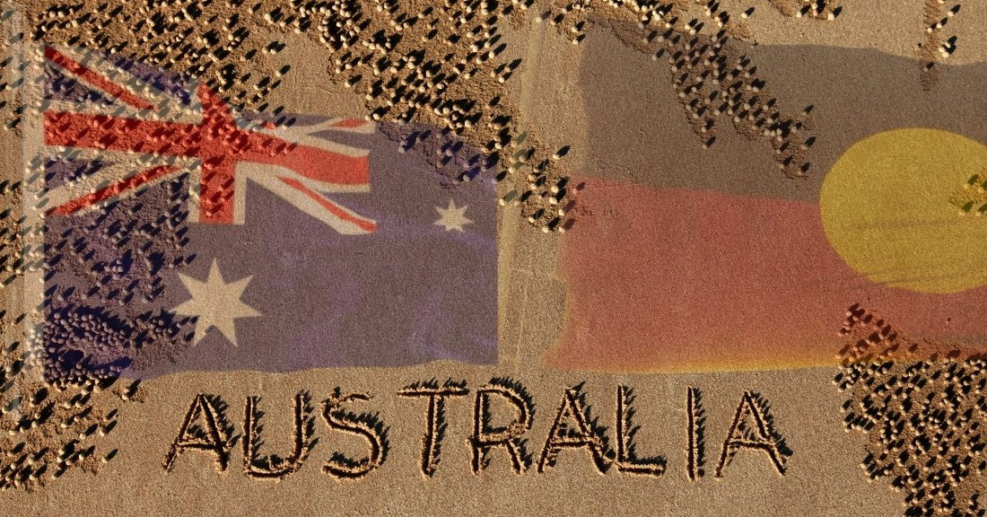 Australian flag and Aboriginal flag drawn in sand with the word Australia – symbolising unity, culture and Australian Made