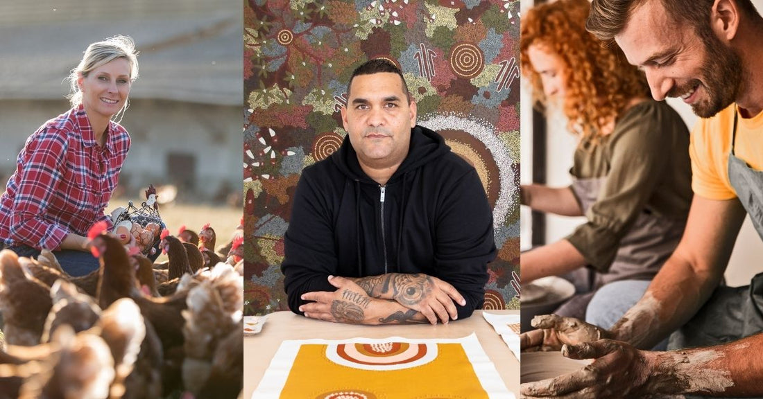 Australian farmer with free-range chickens, Indigenous artist with traditional artwork, and local artisans making pottery — representing Australian-made products and culture.