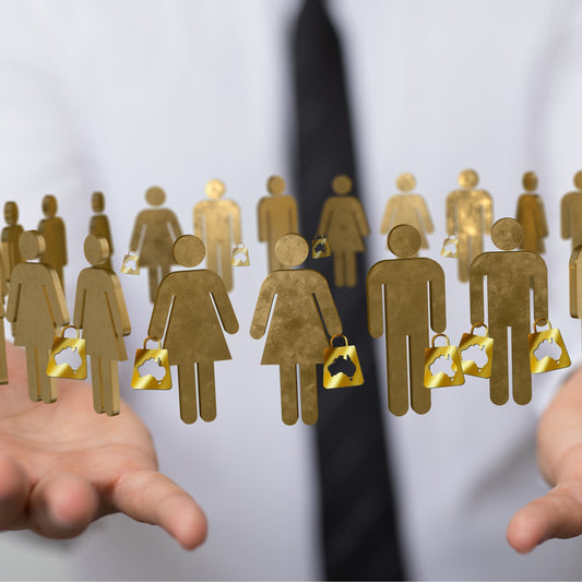 Networking at Ausmosis illustration with gold silhouettes of people holding Ausmosis shopping bags, symbolizing community and collaboration