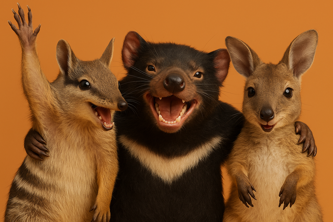 A numbat, Tasmanian devil, and baby kangaroo standing side by side against an orange background, smiling and posing happily with arms around each other.