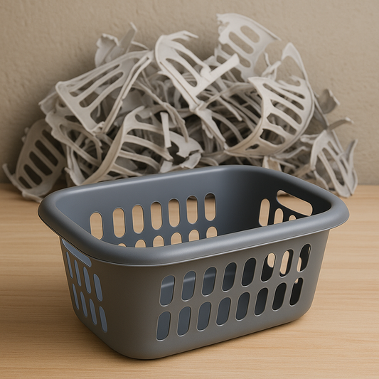 Durable grey laundry basket in the foreground with a pile of broken plastic baskets behind it.