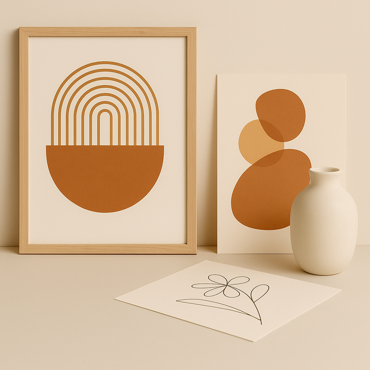 Framed geometric art print, abstract art print, line drawing of a flower, and white ceramic vase on a beige background – Australian made artwork and prints.