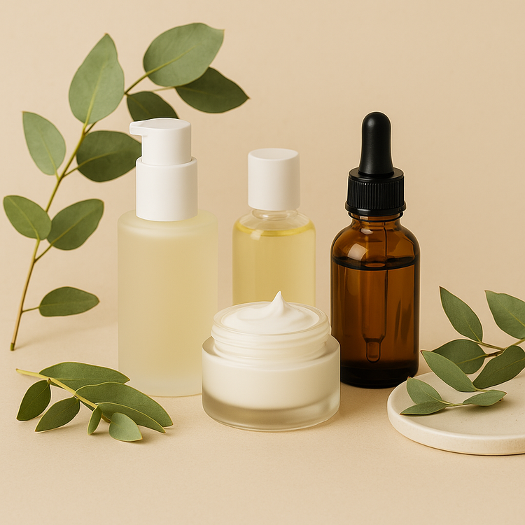Assorted skincare bottles and cream jar with eucalyptus leaves on a beige background – Australian made beauty and skincare products.