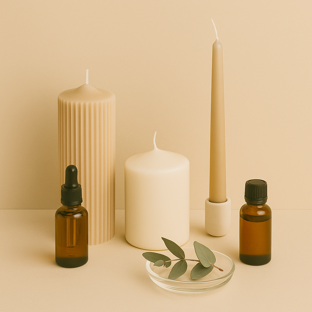 Assorted pillar and taper candles, amber dropper bottles, and eucalyptus leaves on a beige background – Australian made candles and essential oils.