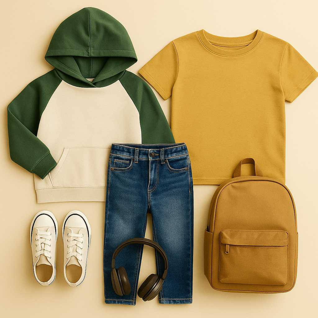 Green and cream hoodie, mustard t-shirt, blue jeans, sneakers, headphones, and tan backpack on a beige background – Australian made children’s clothing and accessories.