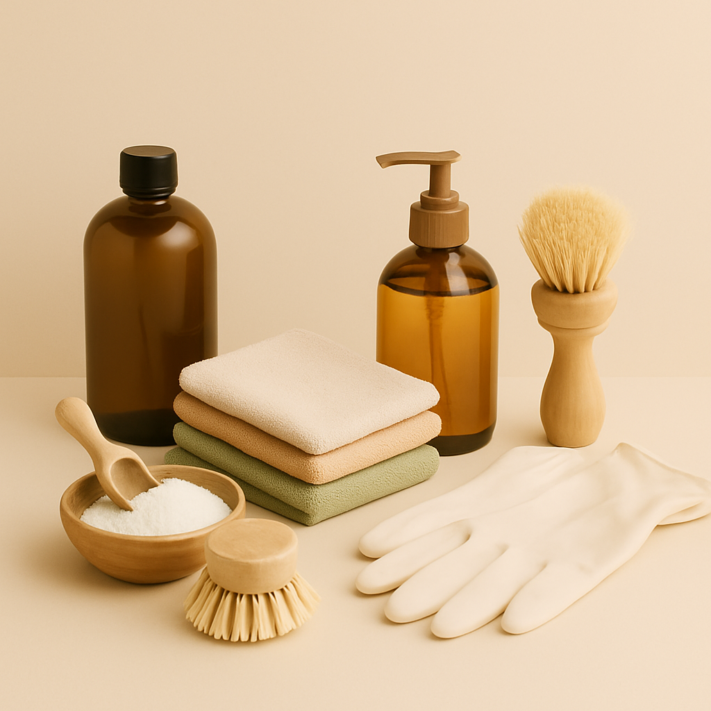 Amber bottles, stacked cleaning cloths, wooden brushes, cleaning gloves, and bowl of powder on a beige background – Australian made cleaning products.