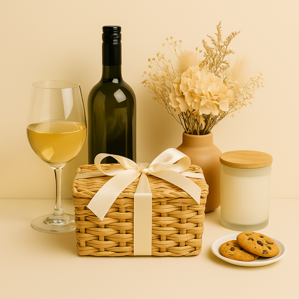 Wicker hamper with ribbon, glass of white wine, wine bottle, jar candle, vase with flowers, and plate of cookies on a beige background – Australian made gift packs and hampers.