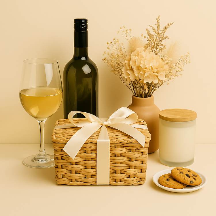Wicker hamper with ribbon, glass of white wine, wine bottle, jar candle, vase with flowers, and plate of cookies on a beige background – Australian made gift packs and hampers.