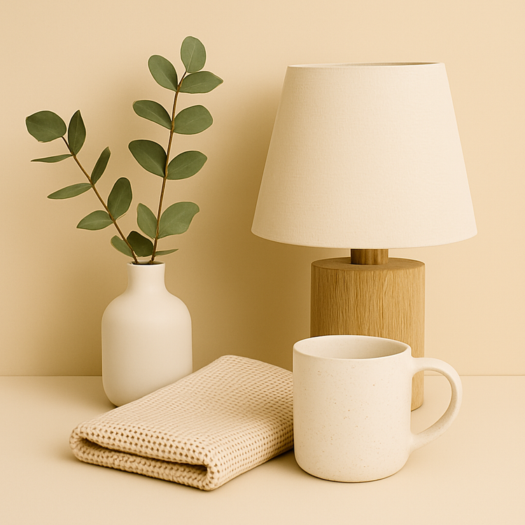 White vase with green leaves, wooden table lamp, folded textured cloth, and ceramic mug on a beige background – Australian made home and lifestyle products.