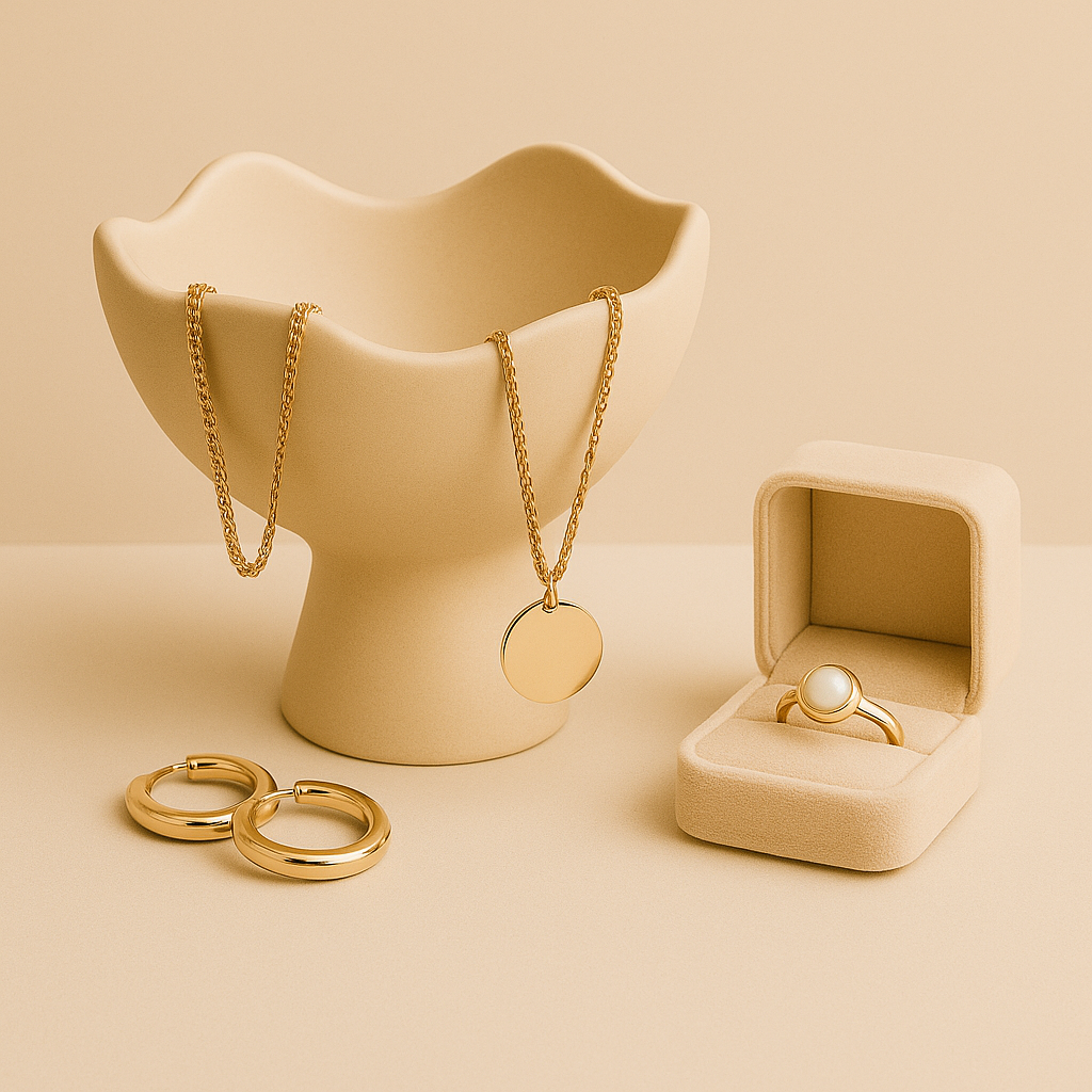 Gold hoop earrings, gold necklace with round pendant, and gold ring with pearl in a velvet box on a beige background – Australian made jewellery.