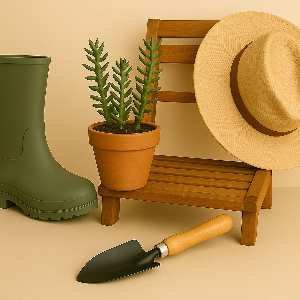 Olive green gumboot, terracotta pot with green succulent, wooden outdoor chair, straw sun hat, and gardening trowel on a beige background – Australian made garden and outdoor living products.