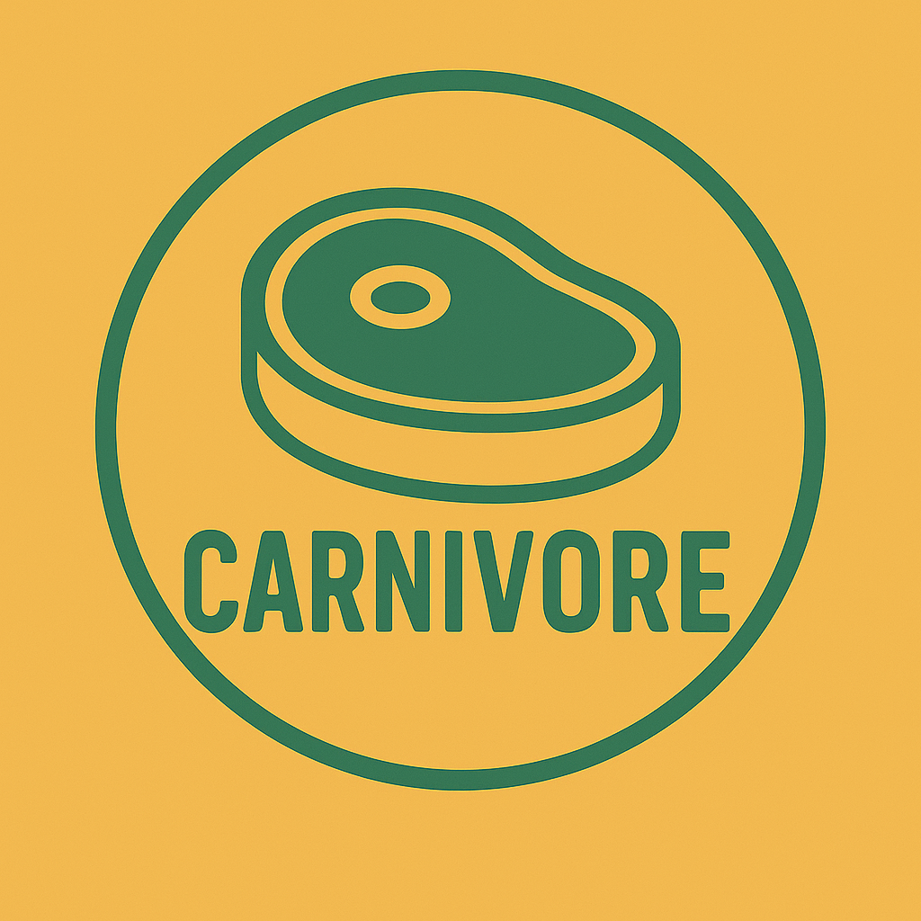 Green line drawing of a steak and the word “Carnivore” in a circle on a gold background – Australian made meat and carnivore products.