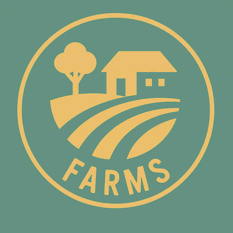 Gold line drawing of a farmhouse, tree, and fields with the word “Farms” in a circle on a green background – Australian made farm products.