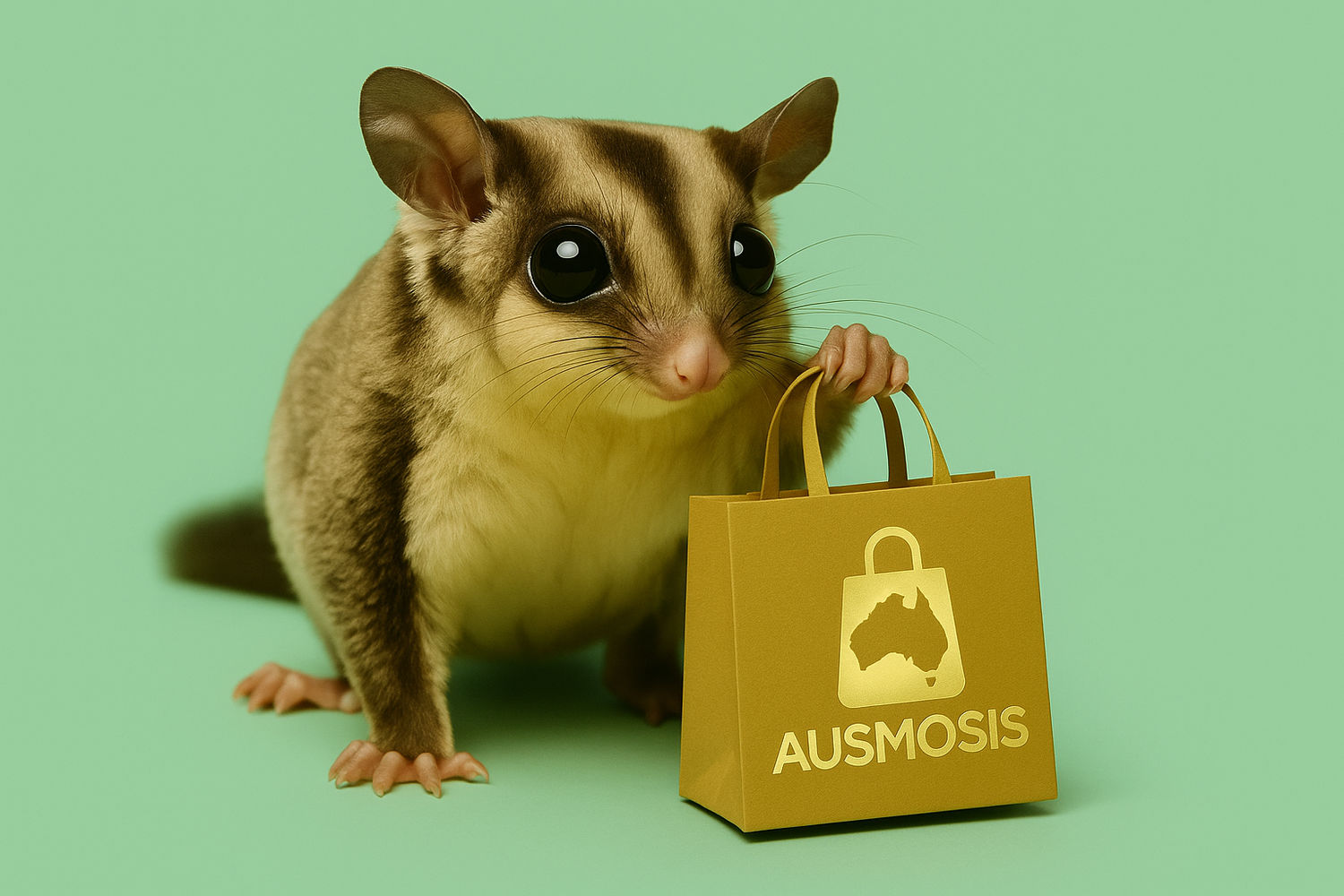 Gold shopping bag with a cutout map of Australia, Ausmosis logo.