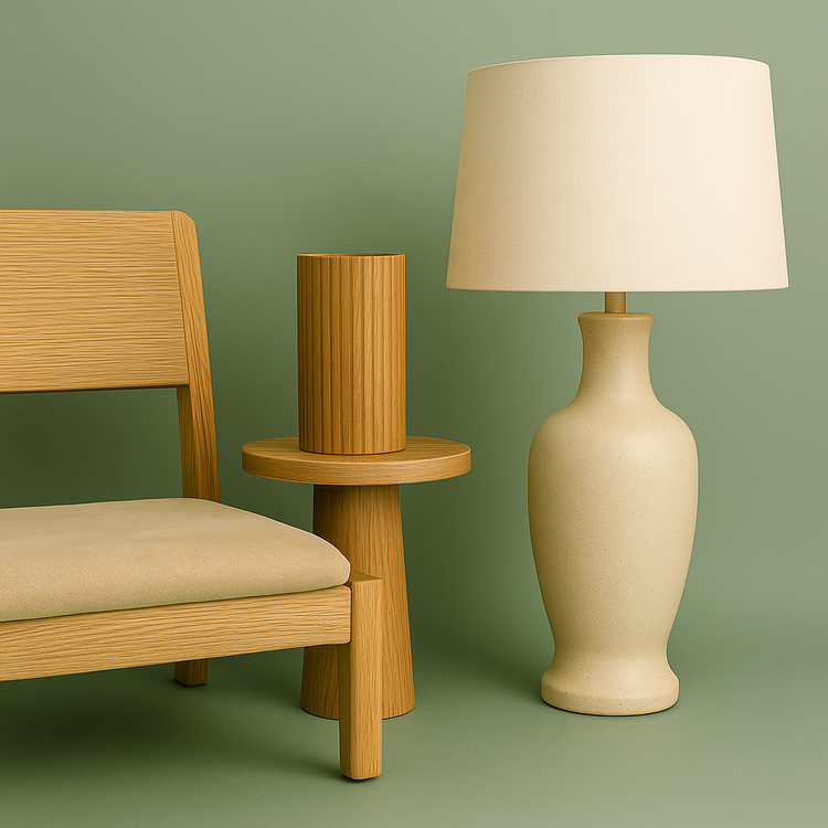 Wooden chair with beige cushion, round wooden side table, and cream ceramic table lamp on a green background – Australian made furniture.
