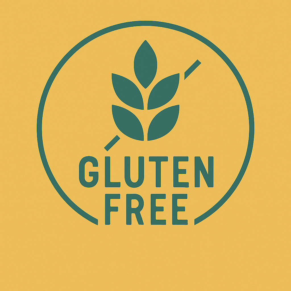 Green line drawing of a wheat symbol with a slash and the words “Gluten Free” in a circle on a gold background – Australian made gluten free products.