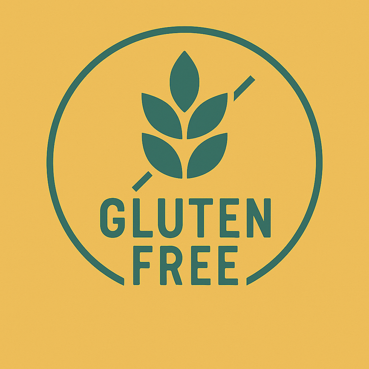 Green line drawing of a wheat symbol with a slash and the words “Gluten Free” in a circle on a gold background – Australian made gluten free products.