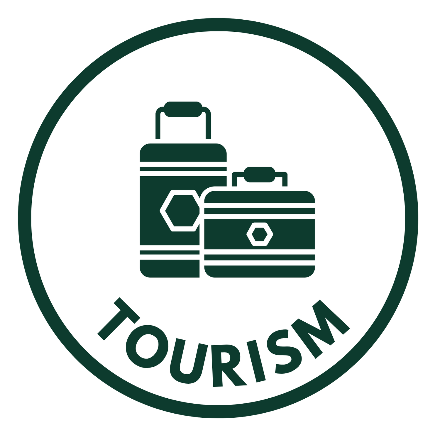Ausmosis Tourism icon with a suitcase inside a green circle labeled “Tourism.” Represents Australian tourism operators and travel experiences.