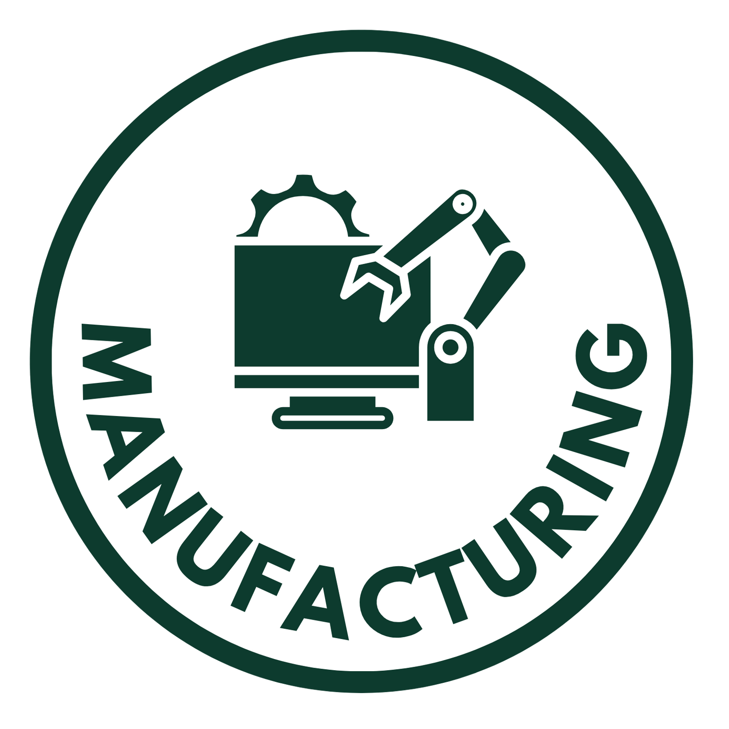 Ausmosis Manufacturing icon showing tools and a factory inside a green circle labeled “Manufacturing.” Represents Australian-made manufacturing businesses.