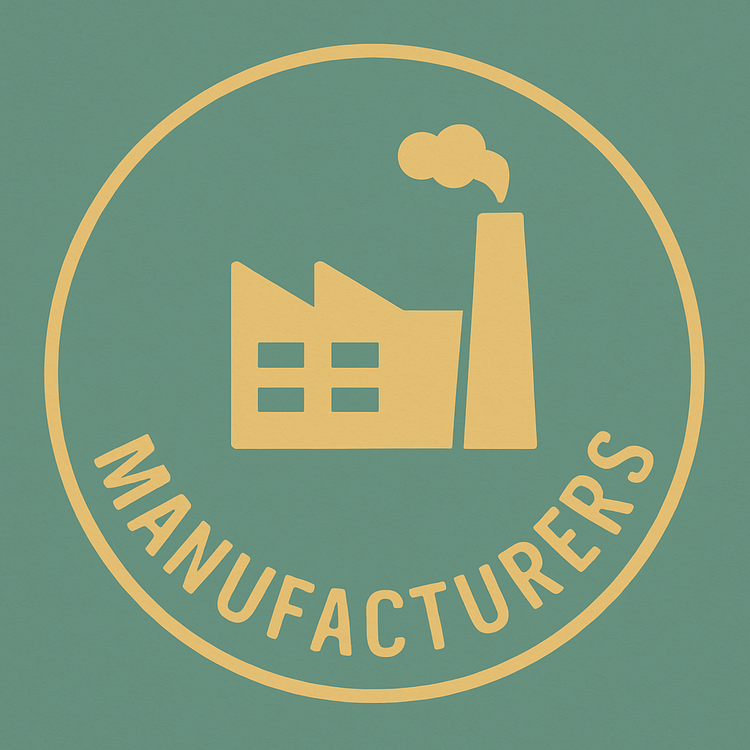 Gold line drawing of a factory with smokestack and the word “Manufacturers” in a circle on a green background – Australian made manufacturers and products.