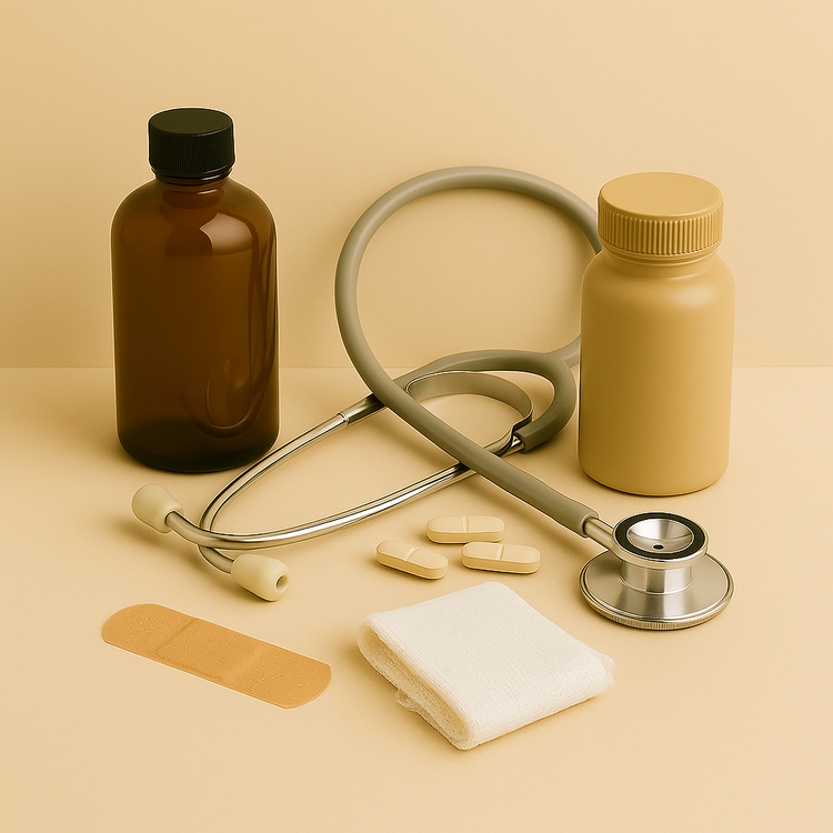 Amber and beige medicine bottles, stethoscope, pills, bandage, and gauze pad on a beige background – Australian made medical products.