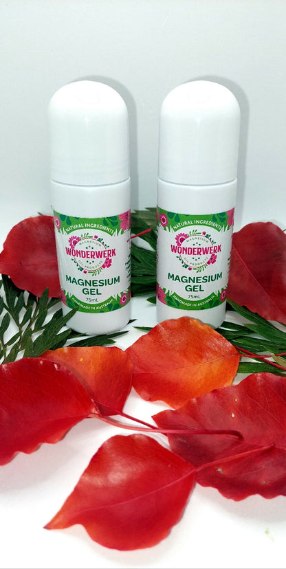 Wonderwerk Magnesium Gel Roll On 75ml bottles with rose display