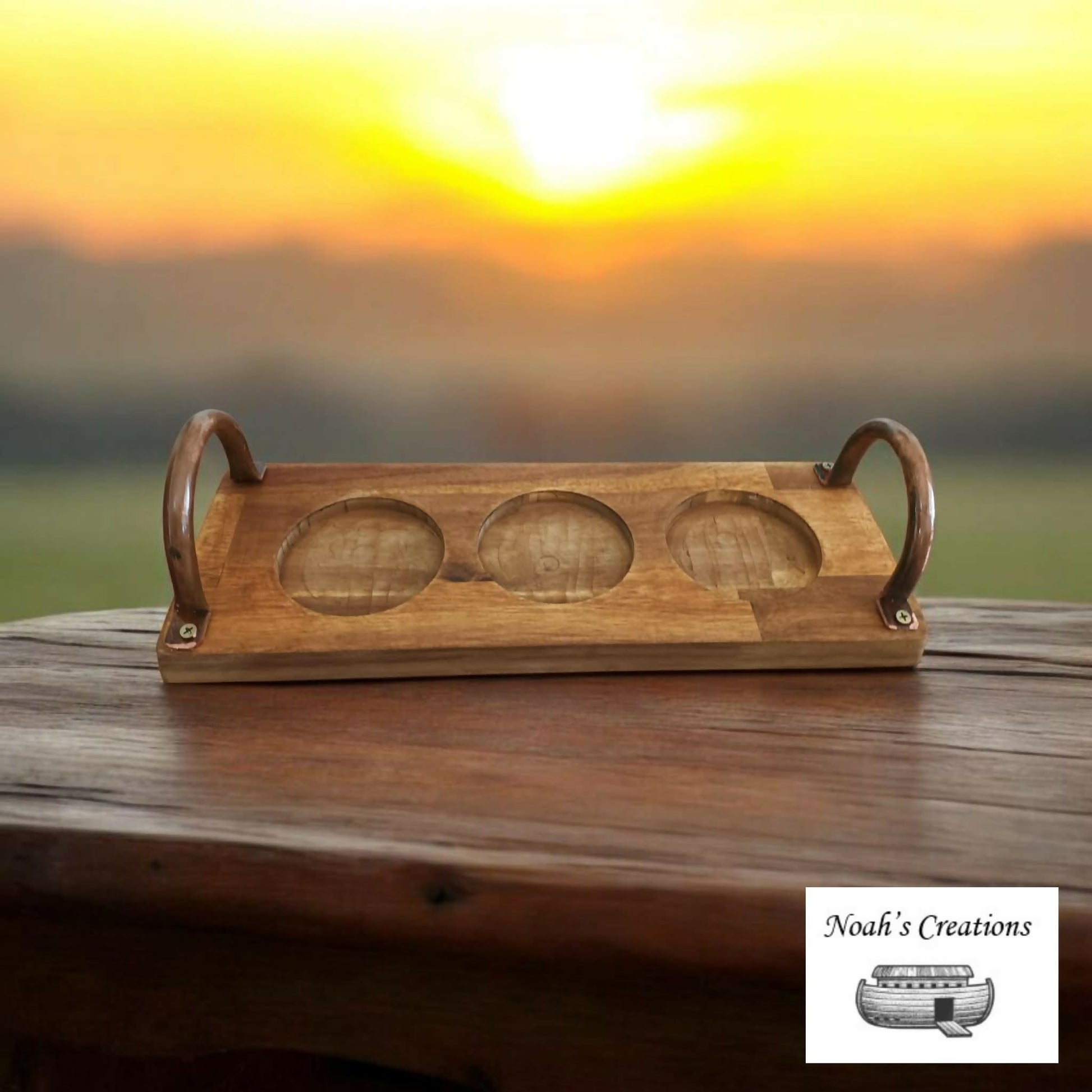 Handmade timber beverage tray with recycled copper pipe handles by Noah's Creations.