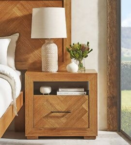 Herringbone Hunter Collection timber bedside table with herringbone drawer by Flamingo Furniture