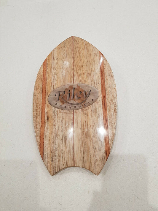 Deck view of a handcrafted Riley solid balsa bodysurfing handboard