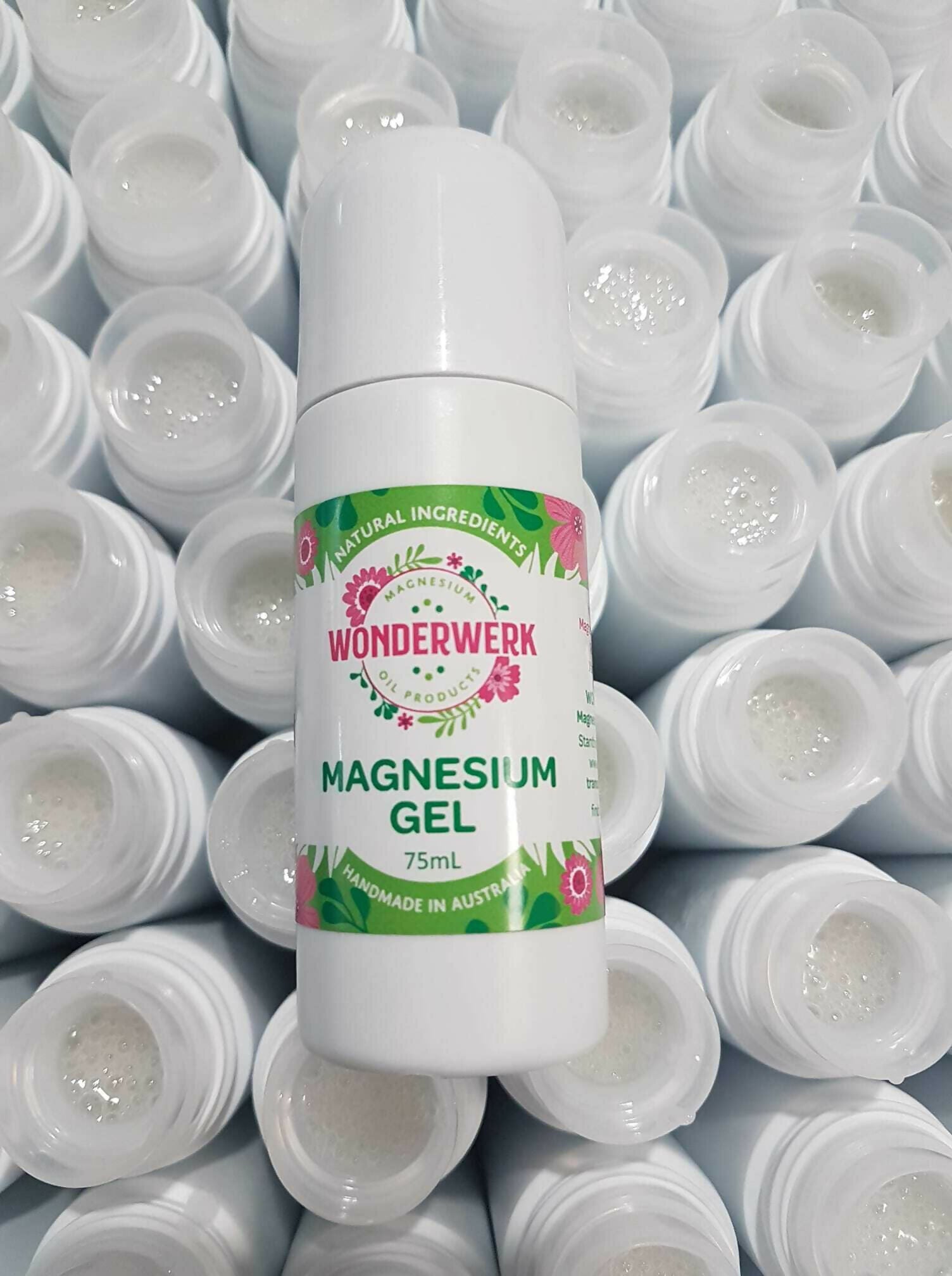 Wonderwerk Magnesium Roll On Gel 75ml bottle on white roll-on applicators