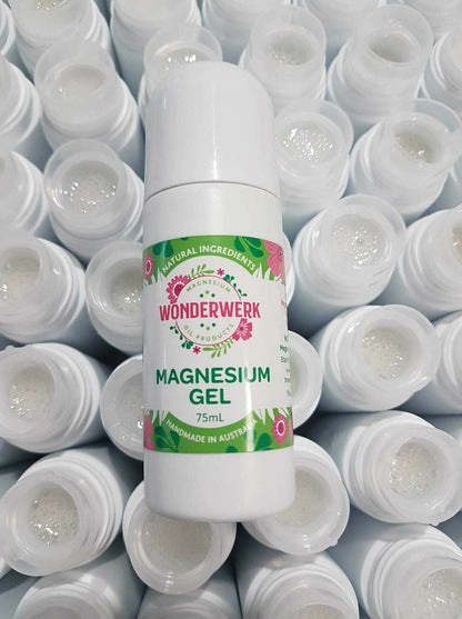 Wonderwerk Magnesium Roll On Gel 75ml bottle on white roll-on applicators