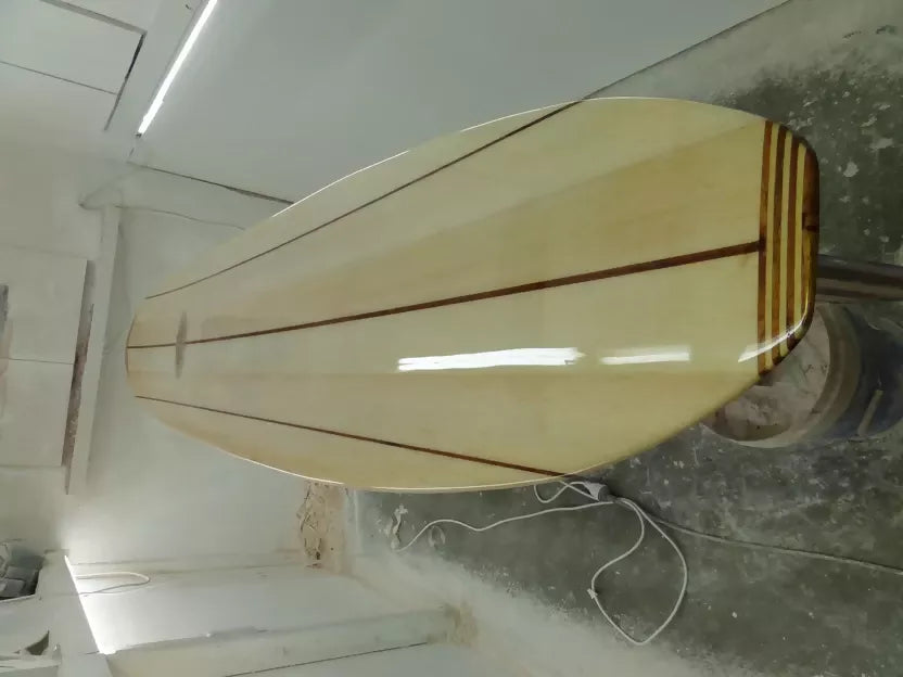 Deck of Riley Allrounder solid balsa Mini Malibu showing the centre stringers and timber rails